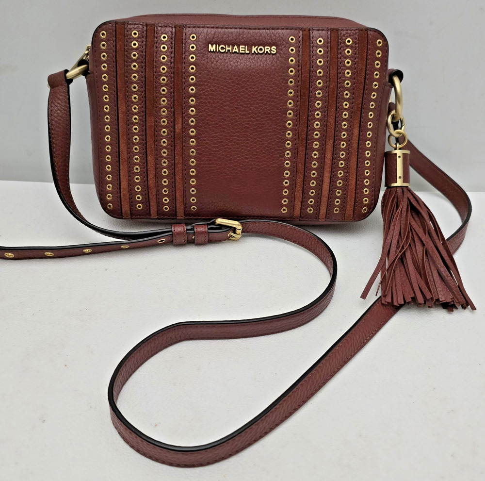 Michael Kors Mini Grommets Accent Crossbody Bag Brown Genuine Leather Tassel EUC